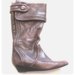 MIGLIORINI Brown Leather Fold Over Mid-Calf Pointed Toe Wedge Heel Boots